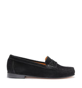 Women's Penny Loafers Leather Sole, black suede-0