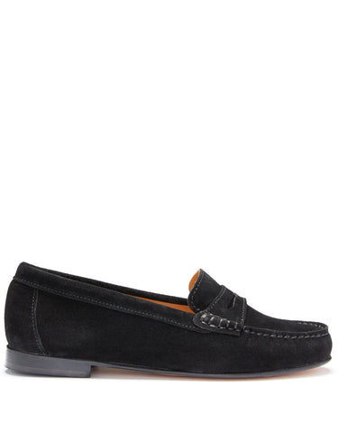 Women's Penny Loafers Leather Sole, black suede-0