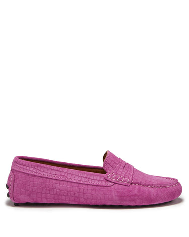 Women's Penny Driving Loafers, pink embossed suede-0