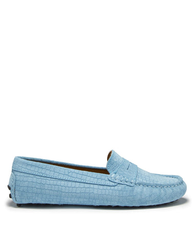 Women's Penny Driving Loafers, blue embossed suede-0