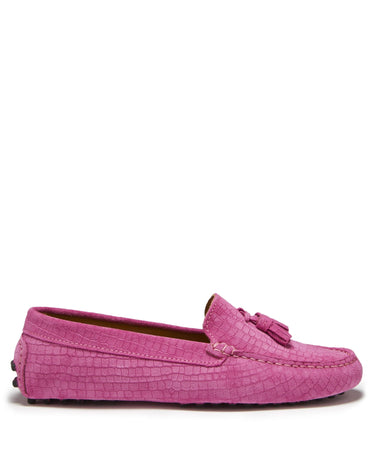Women's Tasselled Driving Loafers, pink embossed suede-0