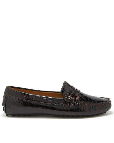 Women's Penny Driving Loafers, brown croc print patent leather-0