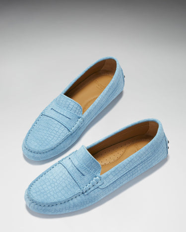 Women's Penny Driving Loafers, blue embossed suede-1