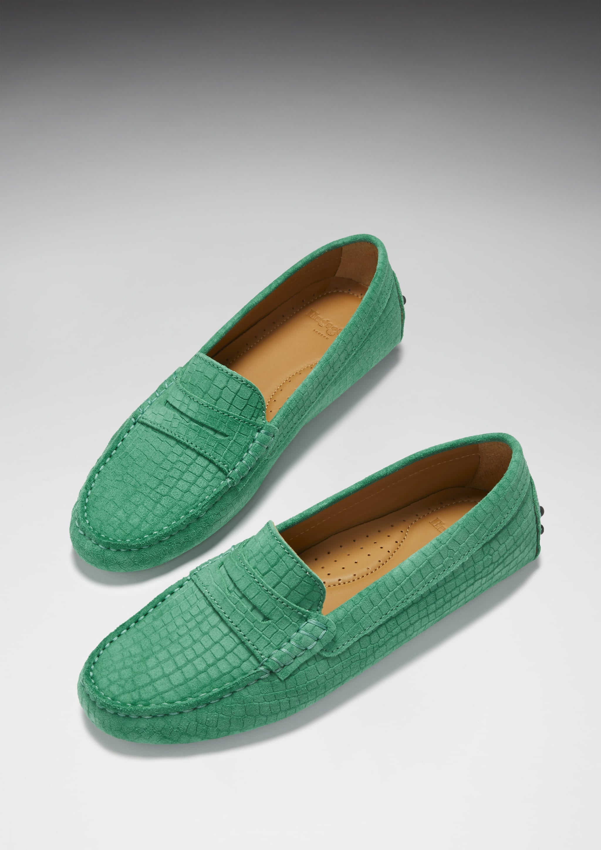 Women's Penny Driving Loafers, emerald embossed suede-1