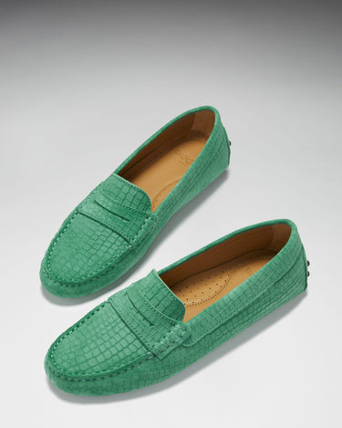 Women's Penny Driving Loafers, emerald embossed suede-1