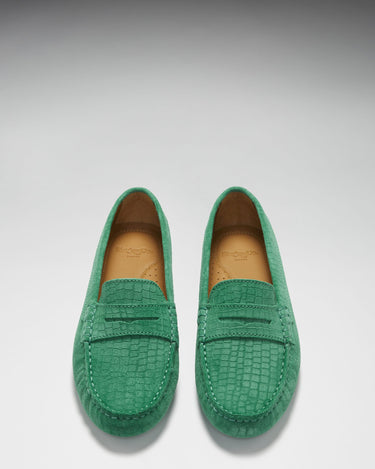 Women's Penny Driving Loafers, emerald embossed suede-3