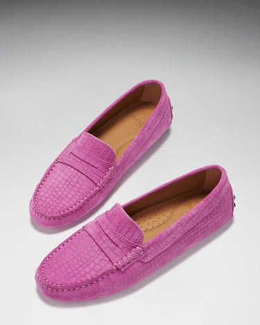 Women's Penny Driving Loafers, pink embossed suede-1