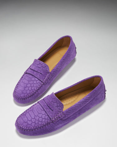 Women's Penny Driving Loafers, purple embossed suede-1