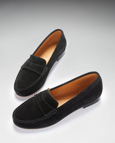 Women's Penny Loafers Leather Sole, black suede-1