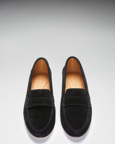 Women's Penny Loafers Leather Sole, black suede-2