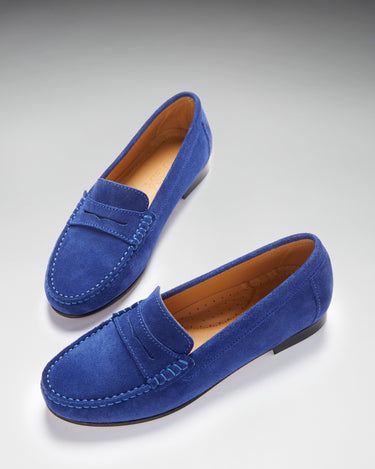 Women's Penny Loafers Leather Sole, ink blue suede-1
