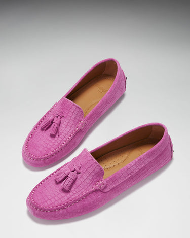 Women's Tasselled Driving Loafers, pink embossed suede-1