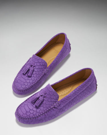 Women's Tasselled Driving Loafers, purple embossed suede-1