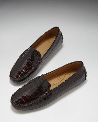 Women's Penny Driving Loafers, brown croc print patent leather-1