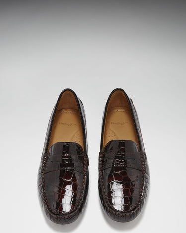 Women's Penny Driving Loafers, brown croc print patent leather-2