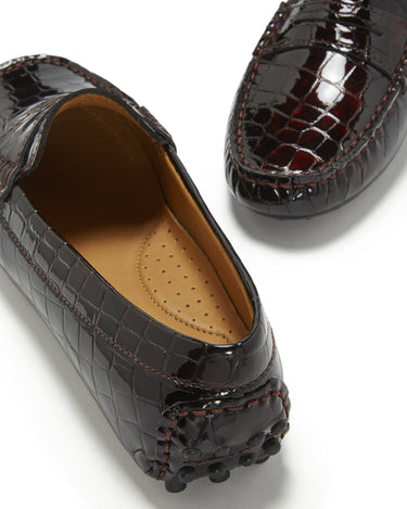 Women's Penny Driving Loafers, brown croc print patent leather-3