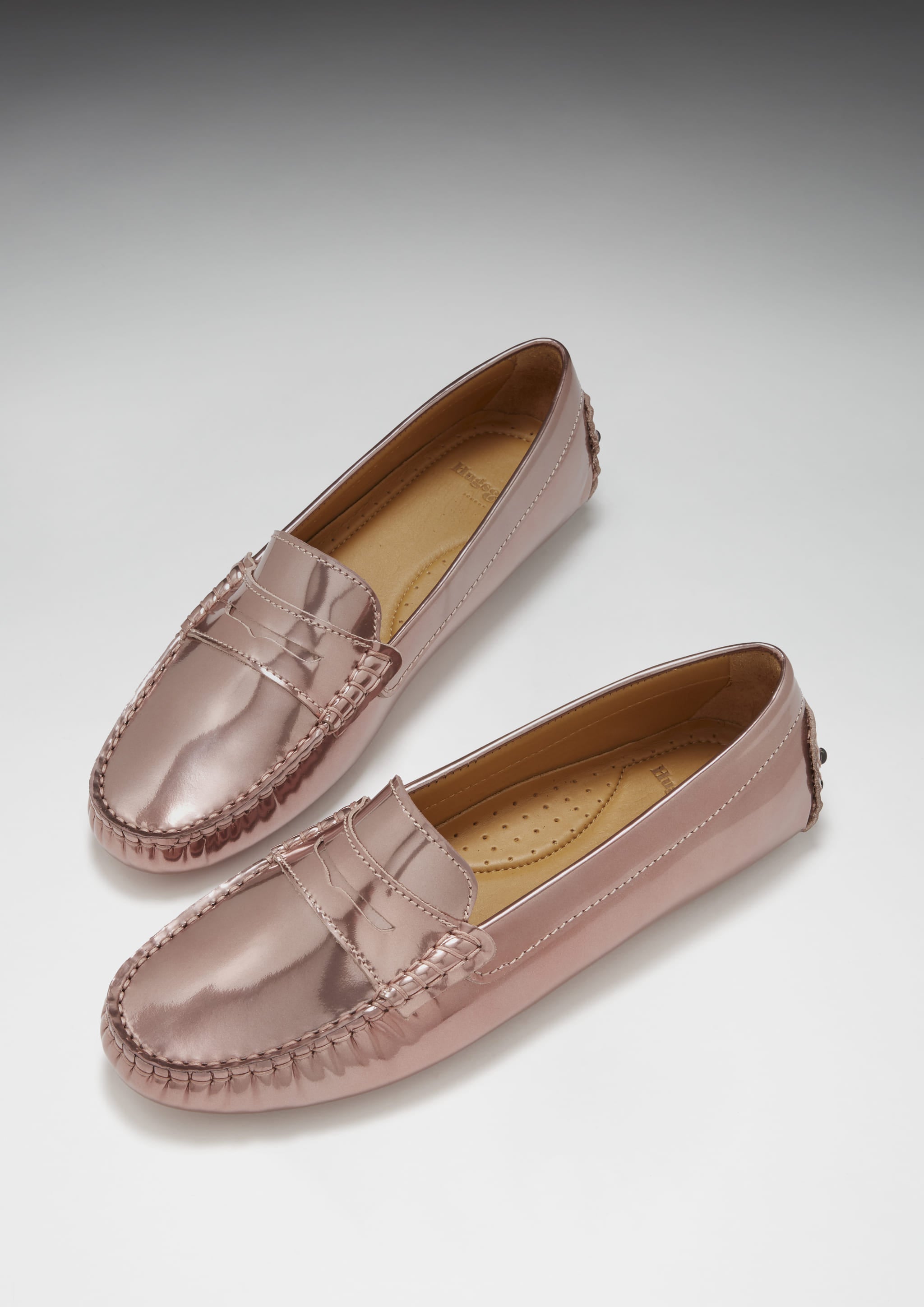 Women's Penny Driving Loafers, rose gold patent leather-1